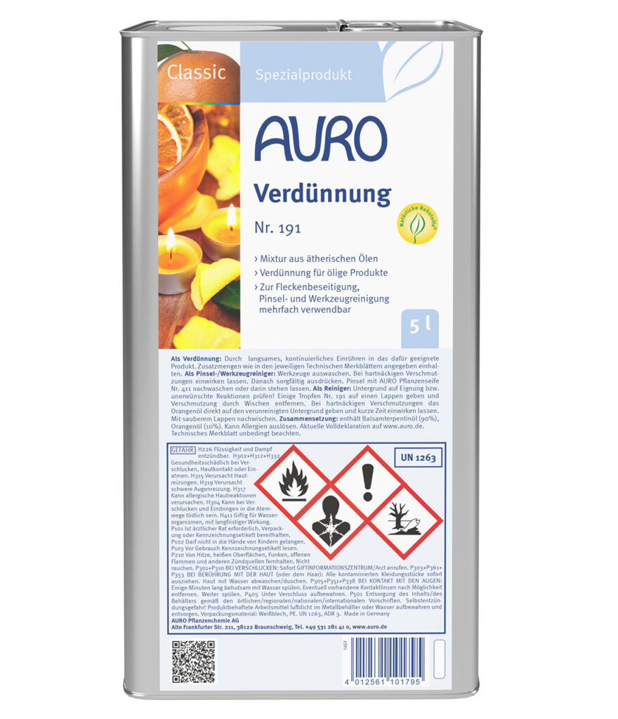 AURO Verdünnung Nr. 191 im 5 Liter Kanister – zur Reinigung und Verdünnung ölhaltiger Produkte geeignet.