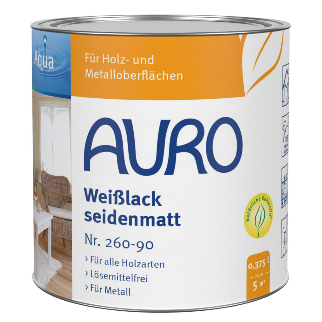 AURO Weißlack, seidenmatt, Aqua Nr. 260-90 in 0,375 Liter Dose – geruchsfreier Lack für Holz, Metall oder Holzwerkstoffe