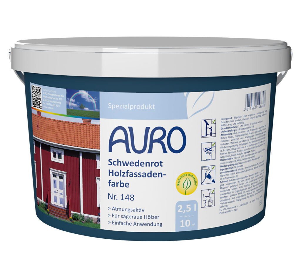 AURO Schwedenrot Holzfassadenfarbe Nr. 148 in 2,5 Liter Dose – oxidrote Farbe für sägeraue Holzfassaden