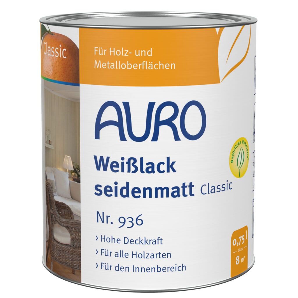 AURO Weißlack, Classic Nr. 936 in seidenmatt als 0,75 Liter Dose – für Holz und Metall im Innenbereich geeignet