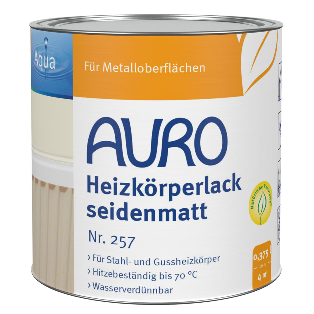 AURO Heizkörperlack Nr. 257 in seidenmatt weiß, 0,375 Liter Dose für Stahl- und Gussheizkörper, lösemittelfrei, hitzebeständig