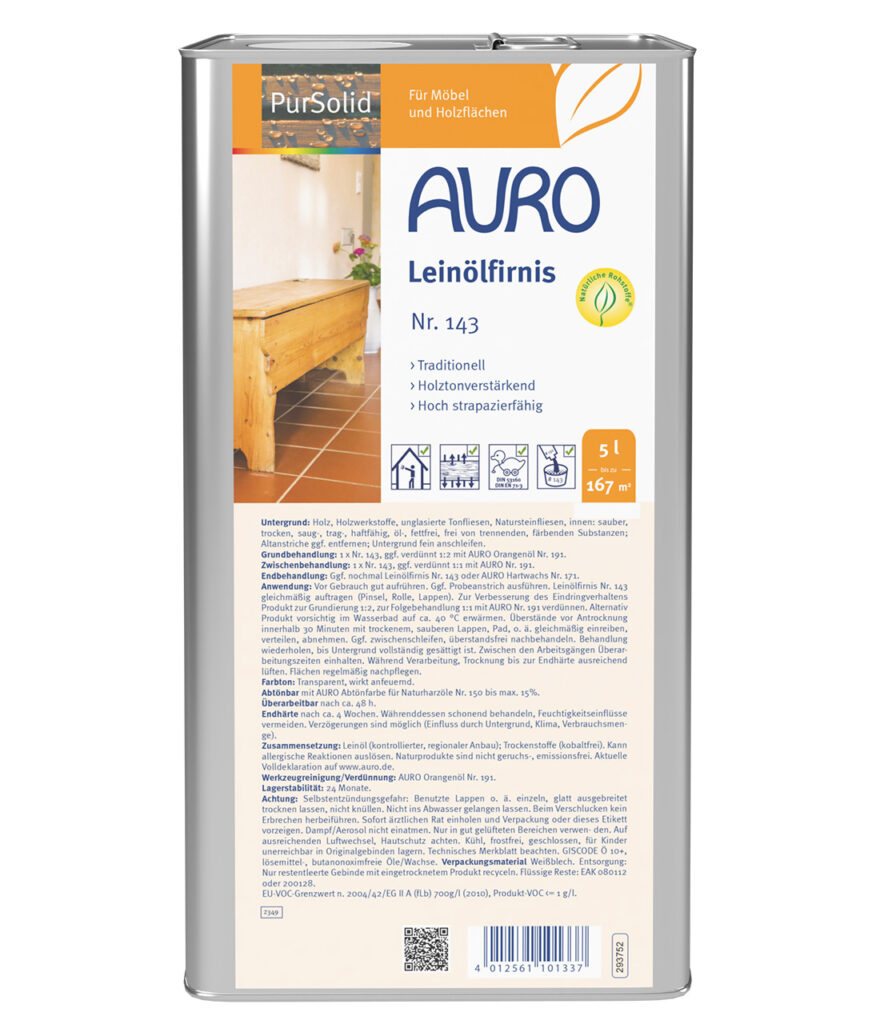 AURO Leinölfirnis Nr. 143 im 5 Liter Kanister – natürliche Holzpflege für große Flächen