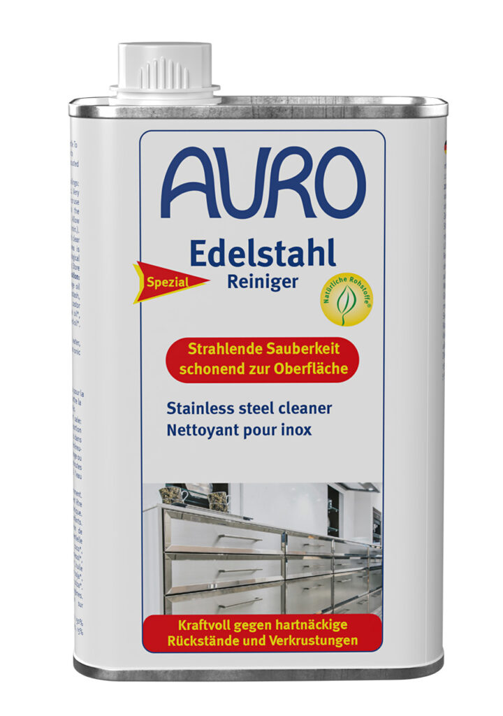 AURO Pflanzenchemie Edelstahl-Reiniger reinigt und pflegt Edelstahloberflächen schonend und effektiv. Mit deutsch-englischem Text, anschaulichen Produktbildern und einer weißen Kappe für eine einfache Anwendung.