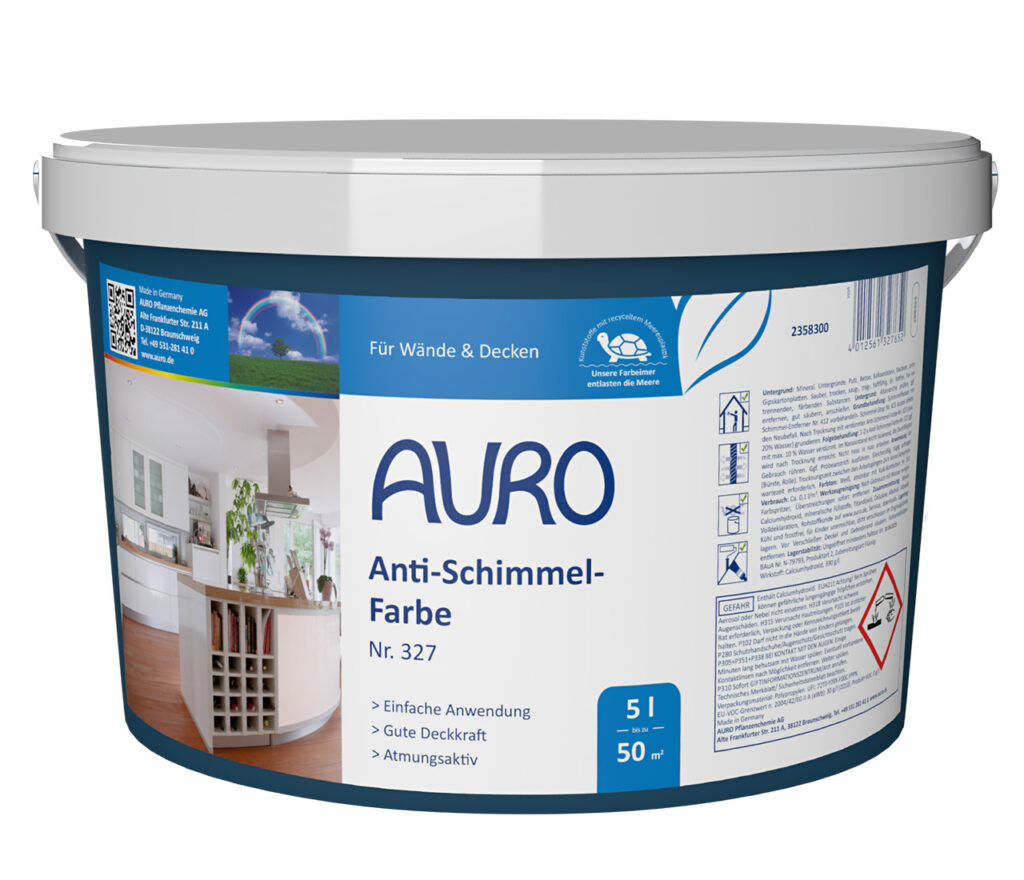 AURO Pflanzenchemie Anti-Schimmel-Farbe ist eine weiße Kunststoffwannenfarbe mit deutschem Label für Wände und Decken. Ideal für Küchen, bietet sie dank natürlicher Inhaltsstoffe eine hohe Deckkraft und dauerhaften Schimmelschutz.