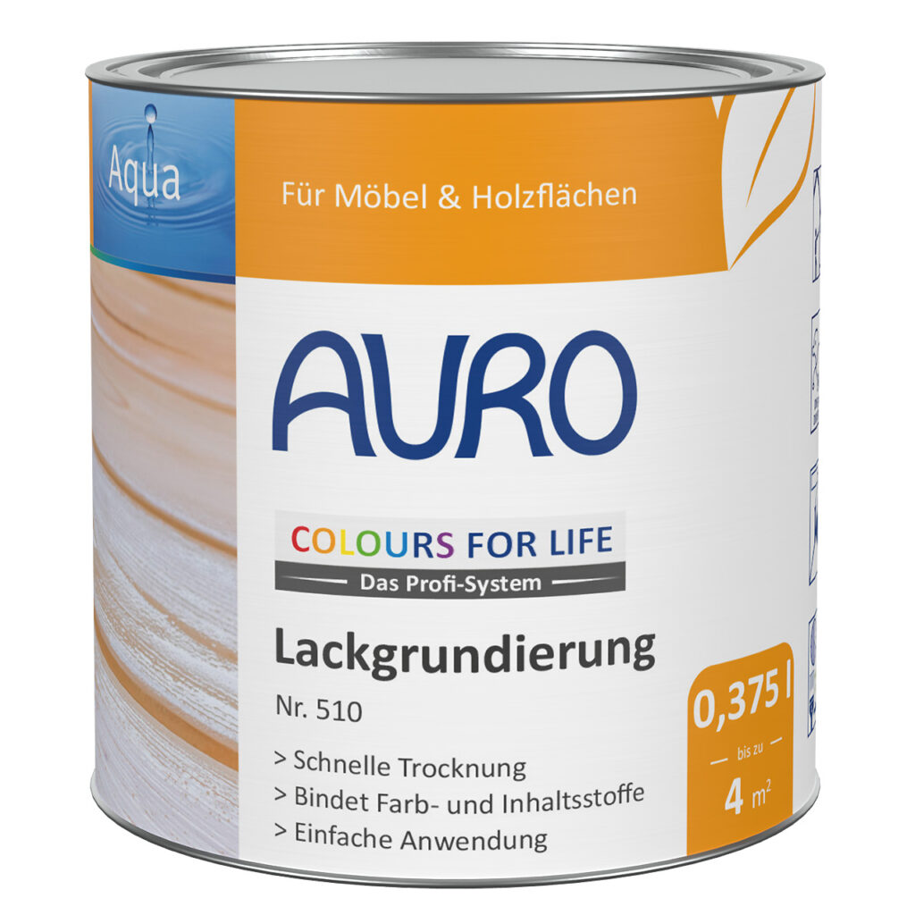 AURO COLOURS FOR LIFE Lackgrundierung Nr. 510 in 0,375 Liter Dose – ideal zur Vorbereitung von Hölzern wie Eiche oder Esche.